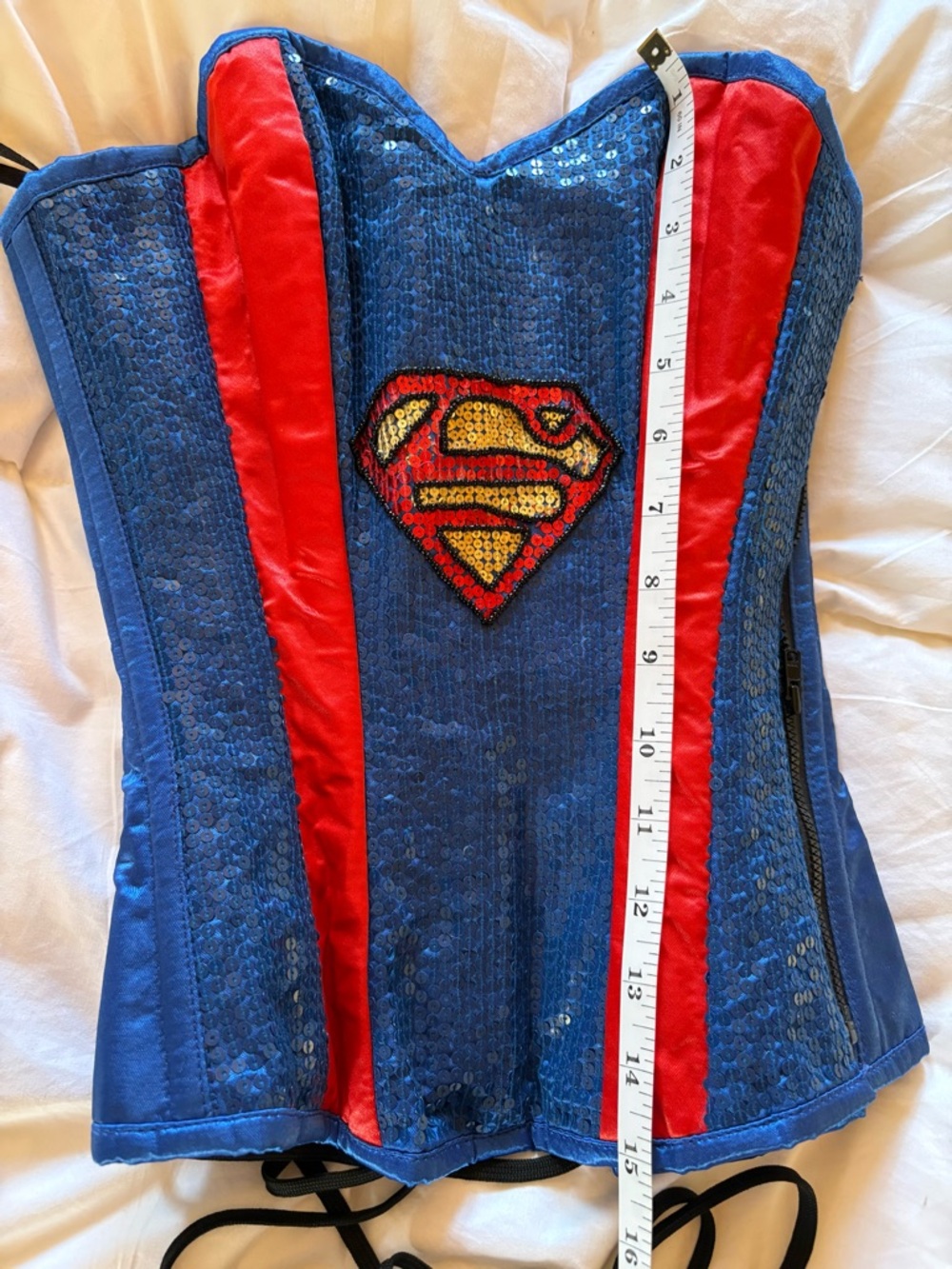 Superwoman blue adjustable Sequin Corset Top with Red Panels